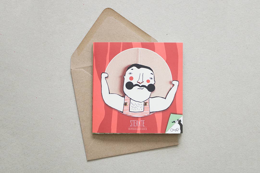 Sterkte kaart met illustratie van een sterke man als trekpop om zelf te maken - een speelse en bemoedigende groet.