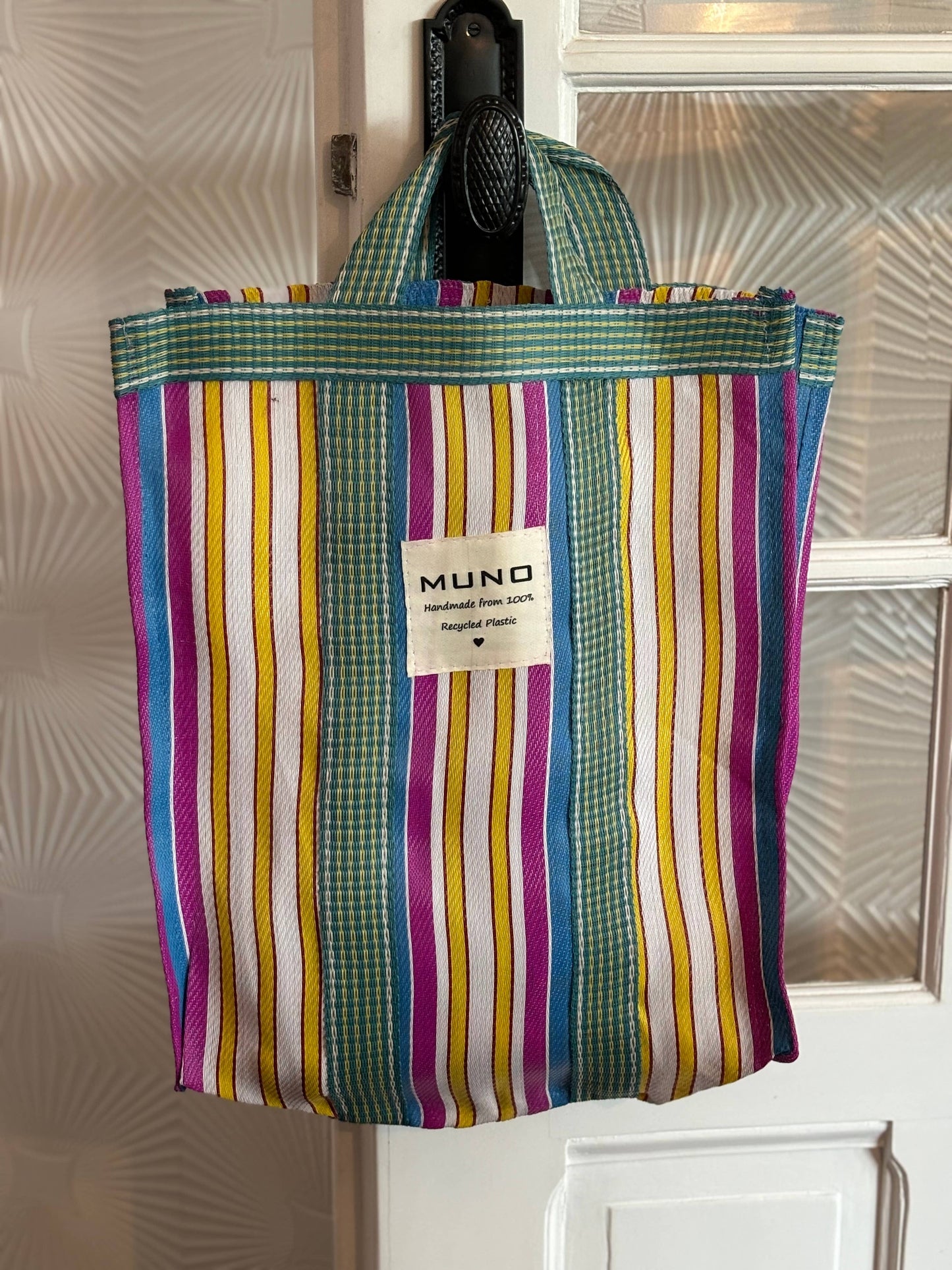 Draagtas - handgemaakt van gerecycled nylon - Blauw, Fuchsia & Geel