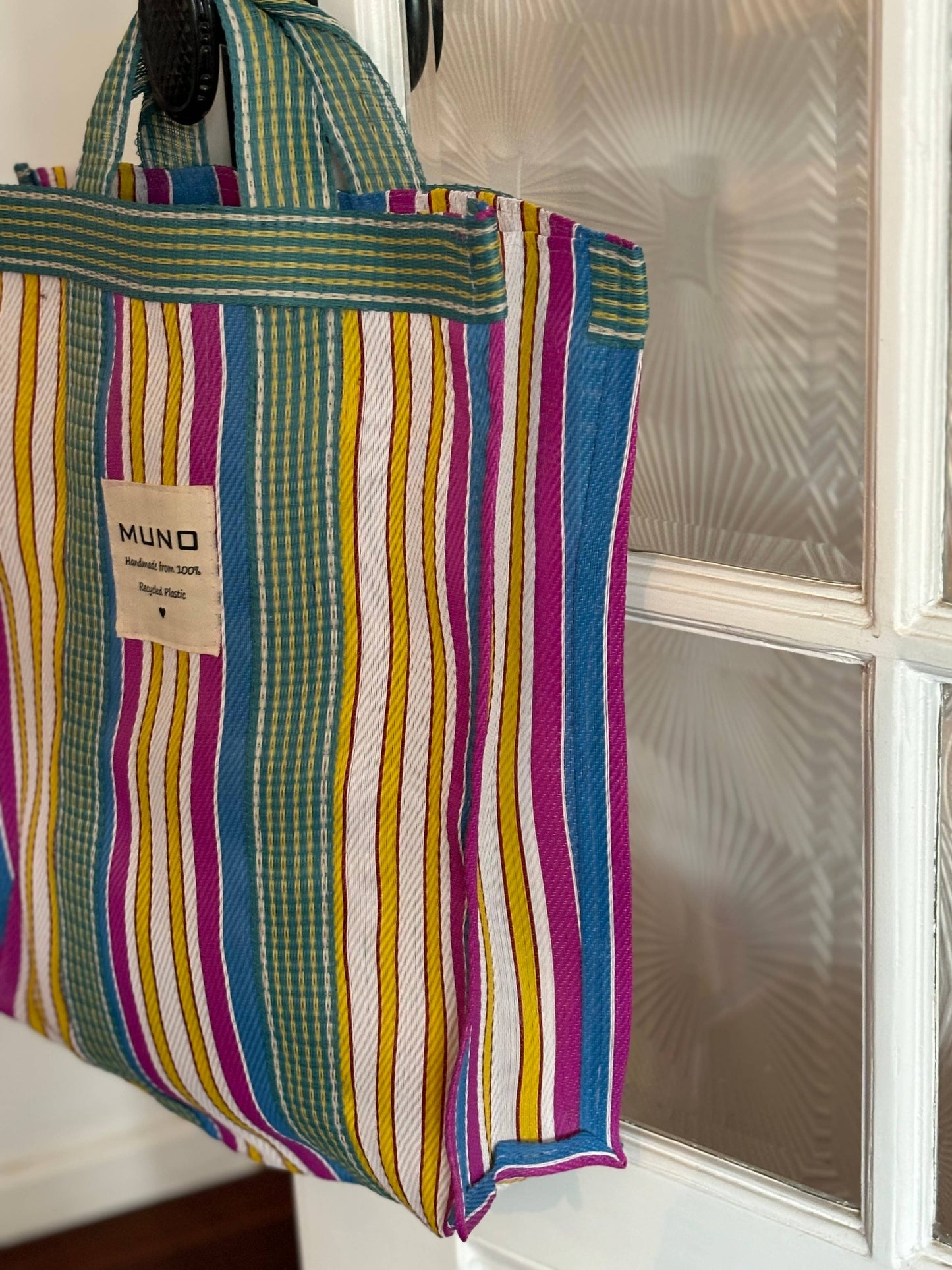 Draagtas - handgemaakt van gerecycled nylon - Blauw, Fuchsia & Geel