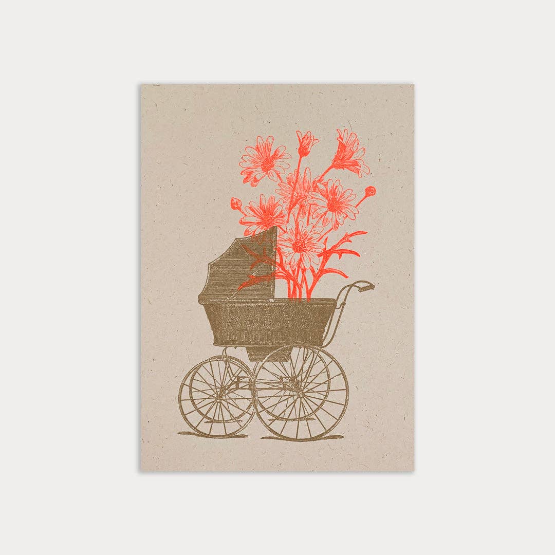 Geboortekaart / Kinderwagen met bloem / Ecopapier