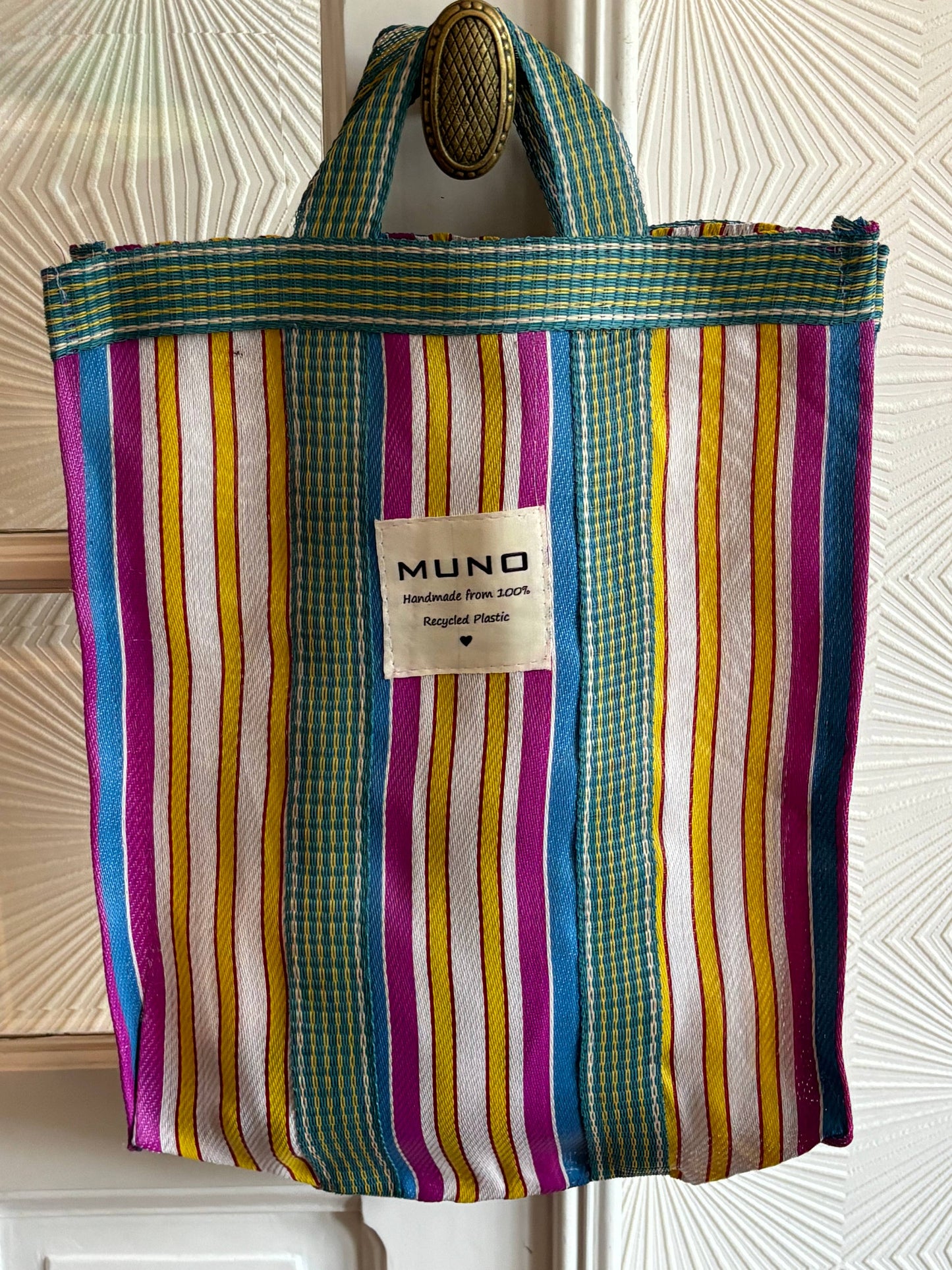 Draagtas - handgemaakt van gerecycled nylon - Blauw, Fuchsia & Geel