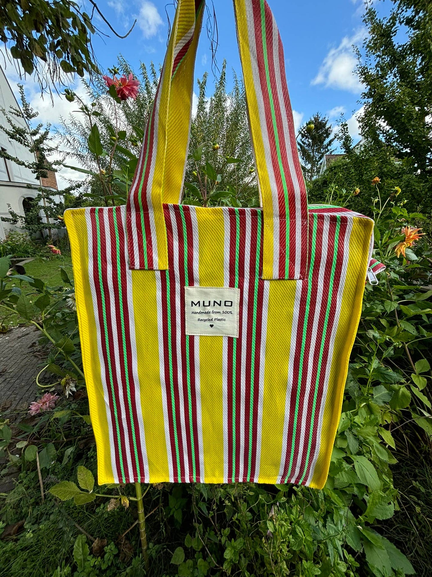 Schoudertas - handgemaakt van gerecycled nylon - Geel & Rood