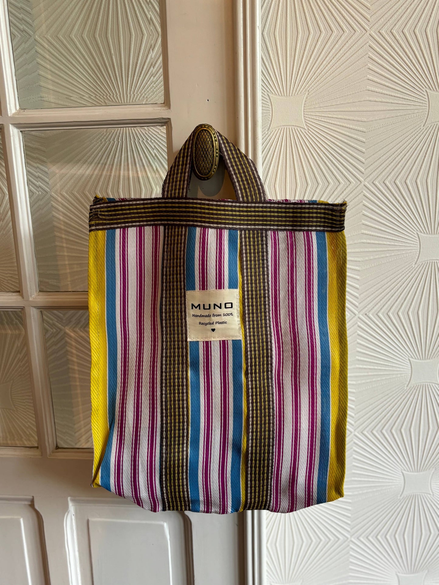 Draagtas - handgemaakt van gerecycled nylon - Geel, Blauw & Fuchsia