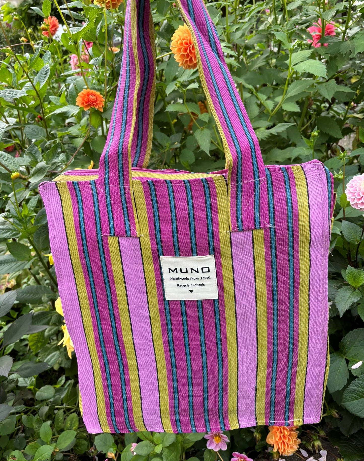 Schoudertas - handgemaakt van gerecycled nylon - Fushia-Roze-Geel