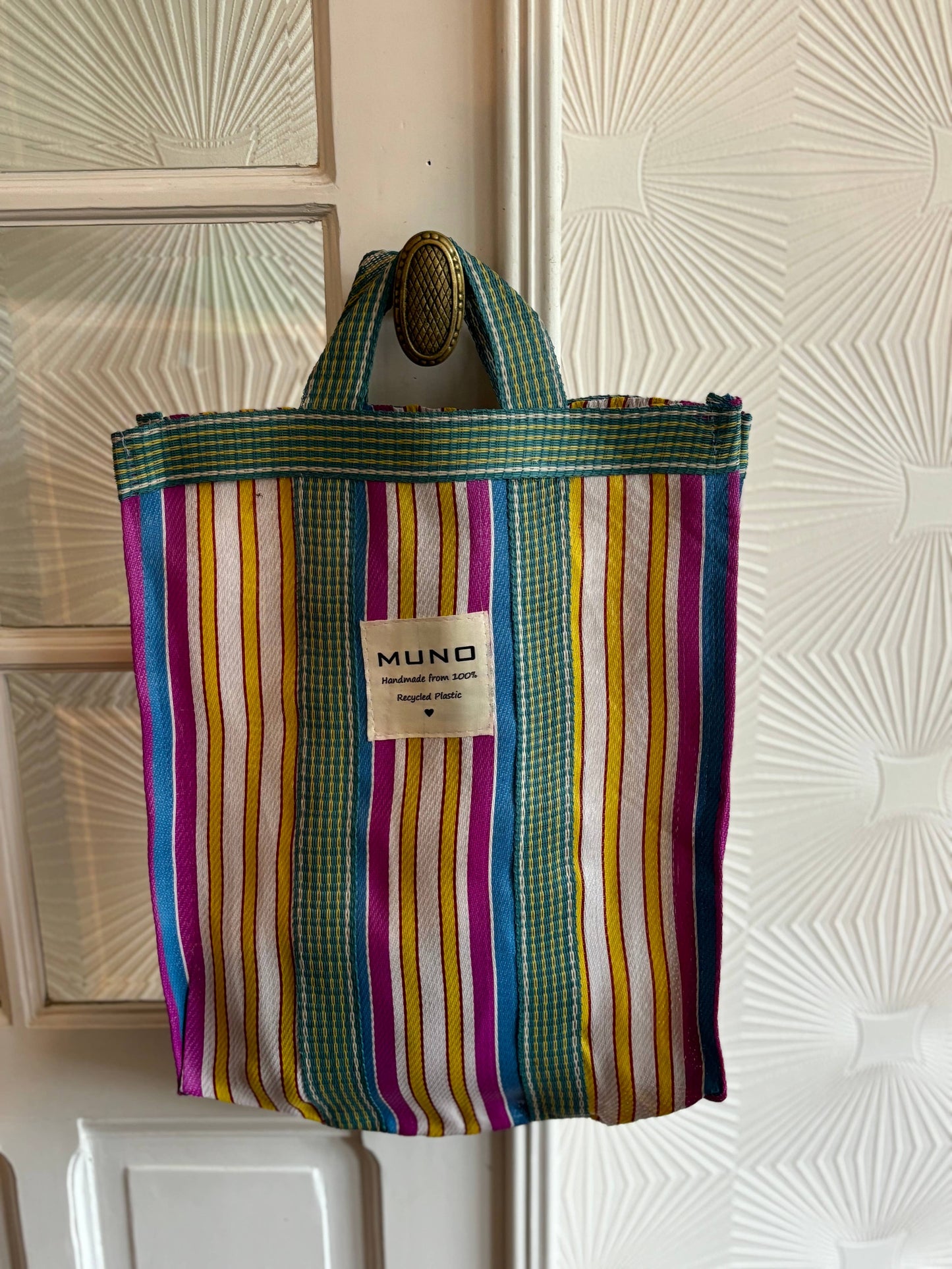 Draagtas - handgemaakt van gerecycled nylon - Blauw, Fuchsia & Geel