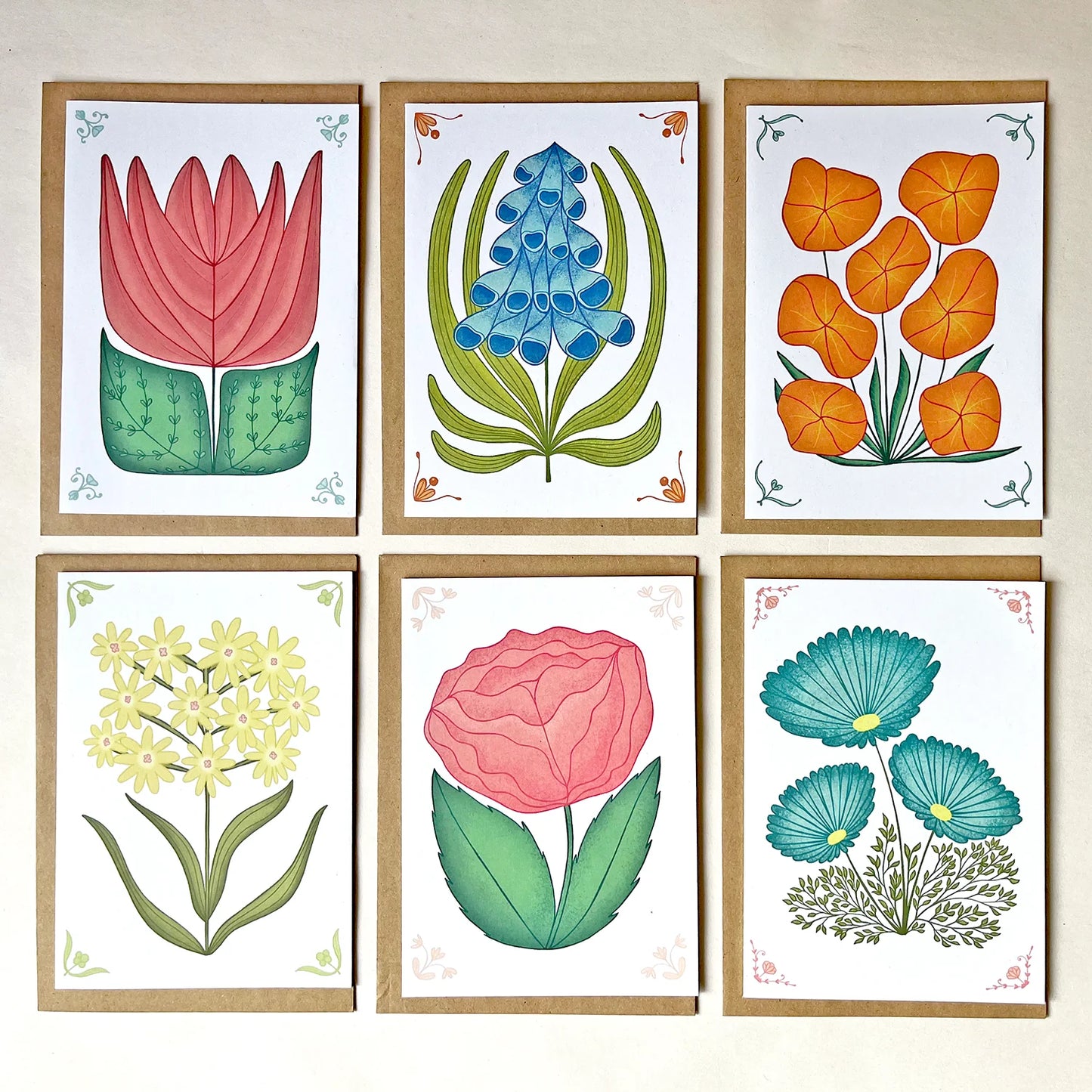 Kaartenset met handgetekende bloemen - set van 6
