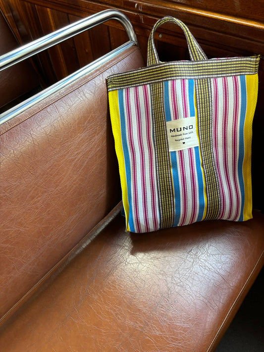Draagtas - handgemaakt van gerecycled nylon - Geel, Blauw & Fuchsia