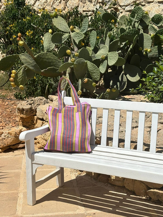 Schoudertas - handgemaakt van gerecycled nylon - Rood-Roze-Geel