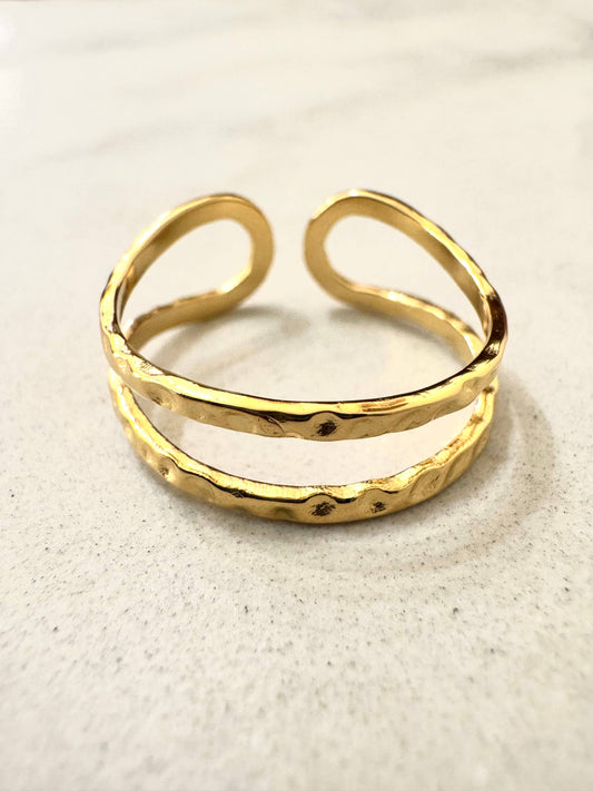 Verstelbare ring van gehammerd roestvrij staal - 14k verguld