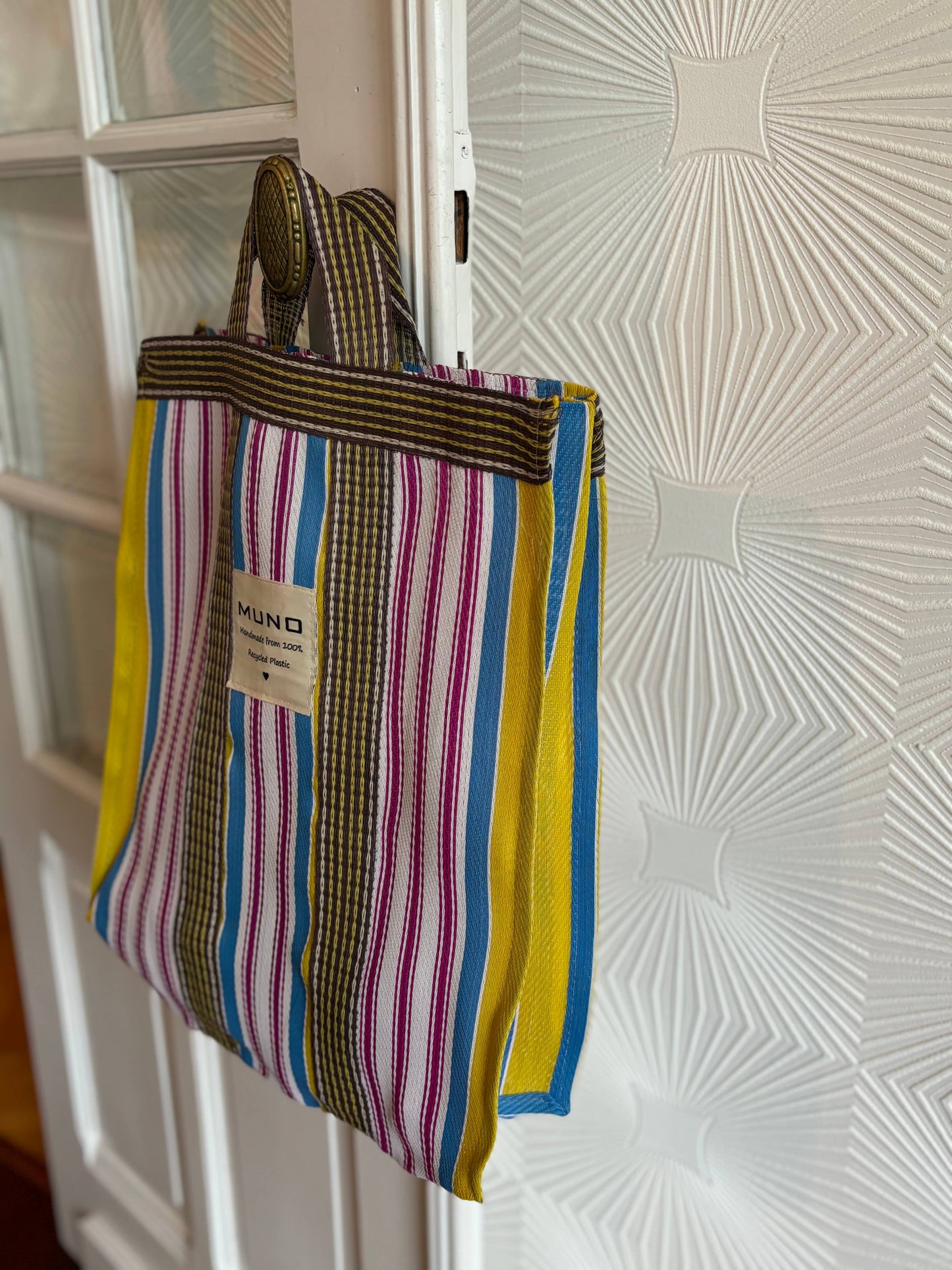 Draagtas - handgemaakt van gerecycled nylon - Geel, Blauw & Fuchsia