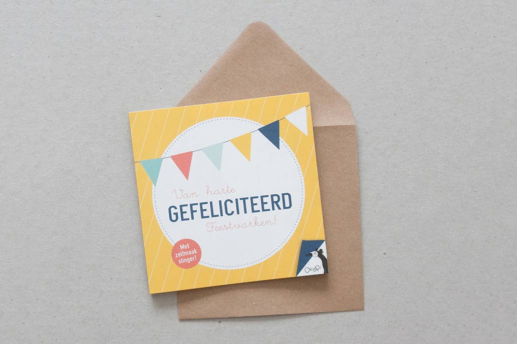 Ansichtkaart met een vlaggenlijn om zelf te maken, voor een feestelijke 'Hartelijk Gefeliciteerd' boodschap