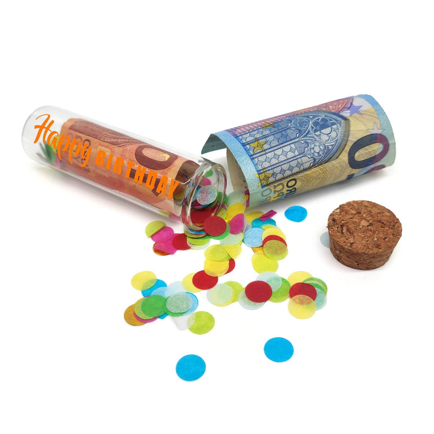 Geldgeschenk buisje - Happy Birthday - neon oranje met kleurrijke confetti
