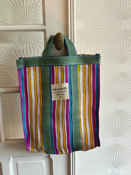 Draagtas - handgemaakt van gerecycled nylon - Blauw, Fuchsia & Geel