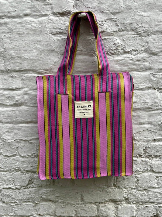 Schoudertas - handgemaakt van gerecycled nylon - Fushia-Roze-Geel